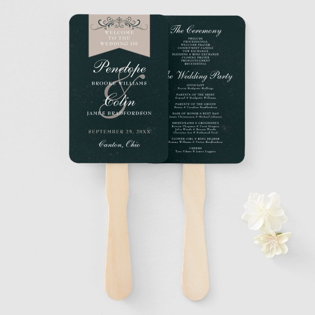 Elegant Black Tan Library Book Wedding Program Hand Fan (Front and Back)