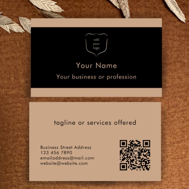 Elegant Black & Tan Logo QR Code Professional Business Card (Custom elegant modern black and tan professional business card templates. Add logo and QR code.
)