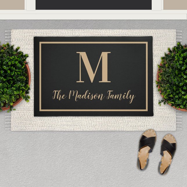Elegant Black Tan Monogram Family Name Doormat (Creator Uploaded)