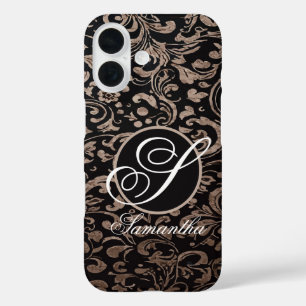 Elegant Black & Tan Monogram Floral iPhone 16 Case
