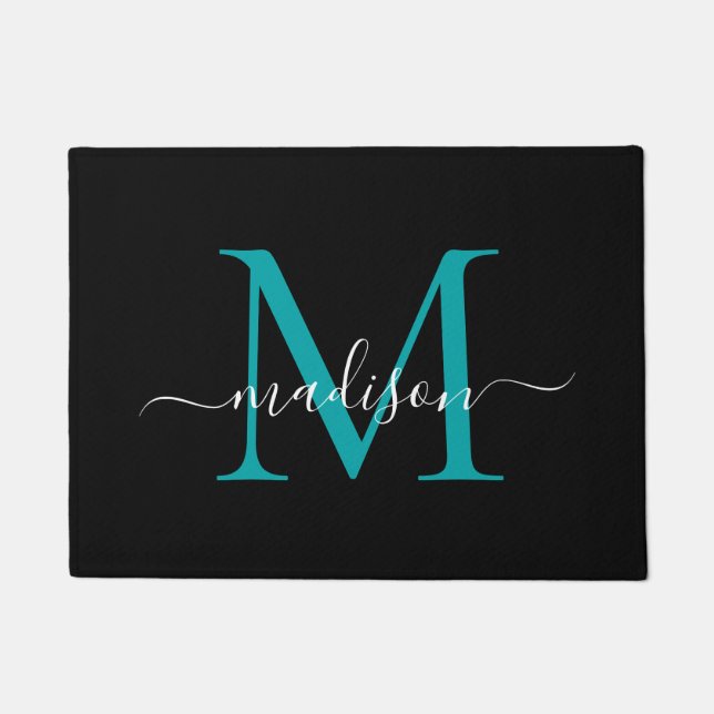 Elegant Black Teal Custom Monogram Script Name Doormat (Front)