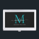 Elegant Black Teal Green Monogram Chic Script Name Business Card Holder<br><div class="desc">Elegant Black Teal Green Monogram Girly Script Name Business Card Case</div>