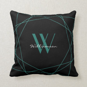 Elegant Black Teal Monogram Geometric Name Script Cushion