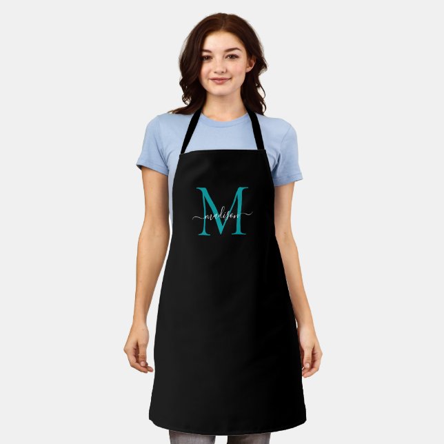 Elegant Black Teal Monogram Girly Feminine Script Apron (Worn)