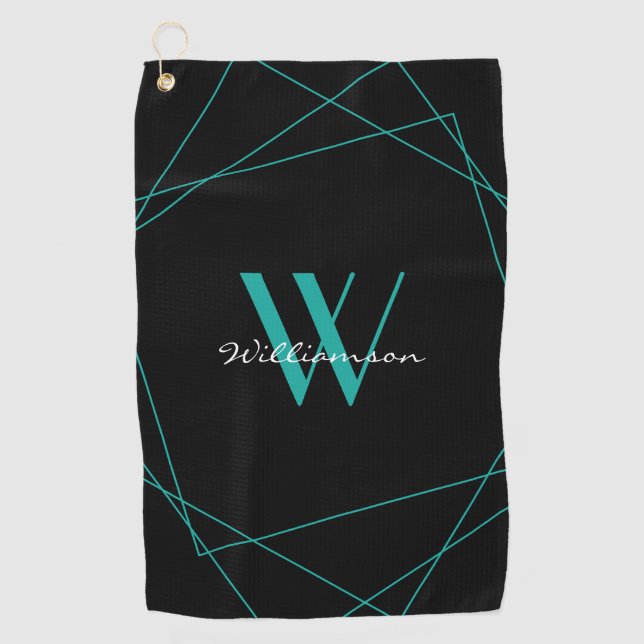 Elegant Black Teal Monogram Name Script Golf Towel (Front)