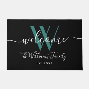 Elegant Black Teal Monogram Name Script Wedding Doormat