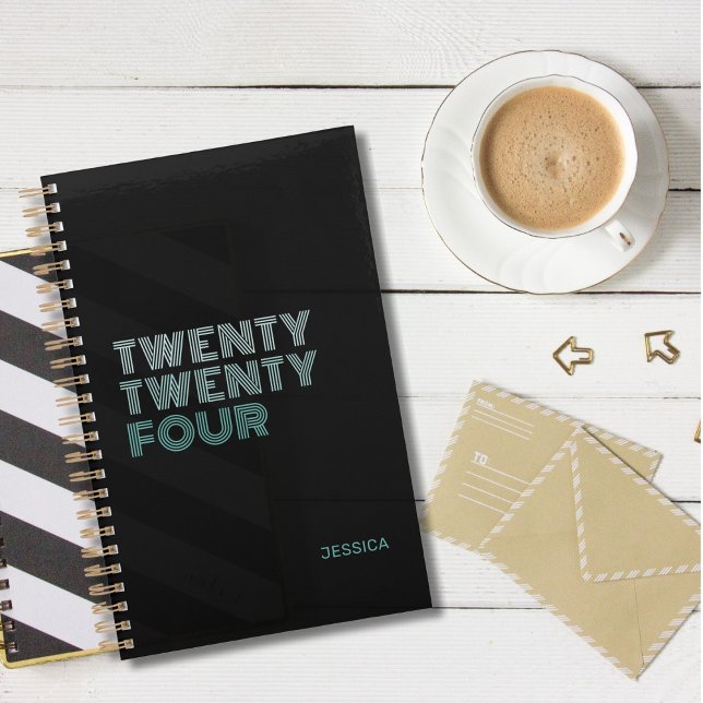 Elegant Black Teal Retro Name Customise 2024  Planner (black with teal lettering twenty twenty four planner)