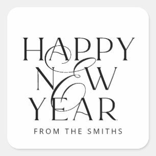 Elegant black text Happy New Year custom design Square Sticker