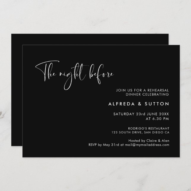 Elegant Black The night before rehearsal dinner Invitation (Front/Back)