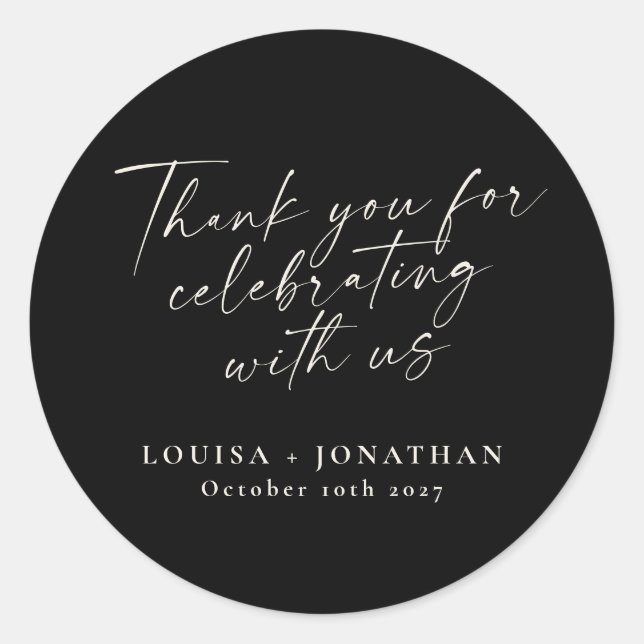 Elegant Black Trendy Script Personalised Thank You Classic Round Sticker (Front)