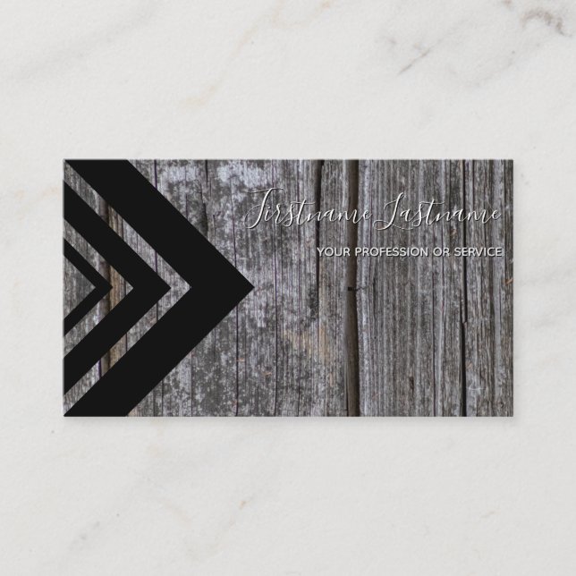 Elegant black triangles on rustic wooden surface business card (Front)