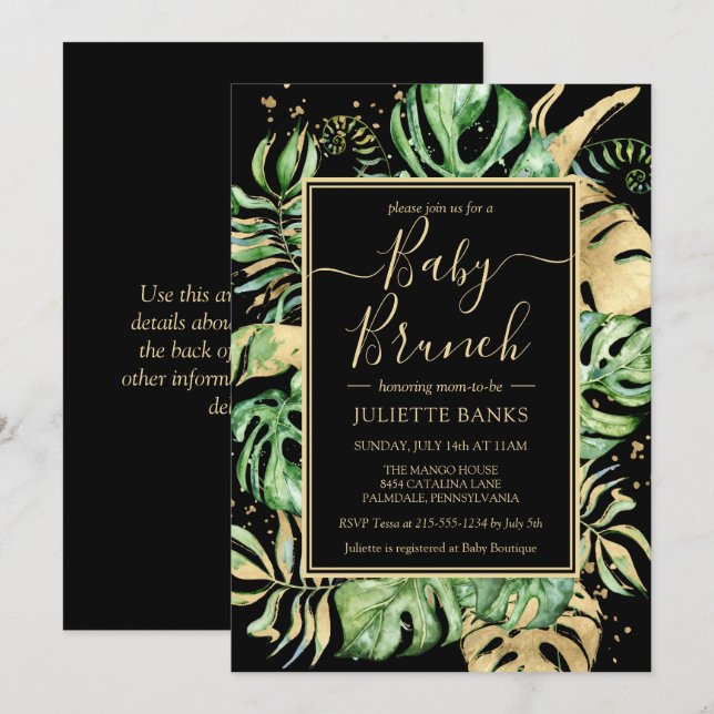 Elegant Black Tropical Foliage Baby Shower Brunch  Invitation (Front/Back)