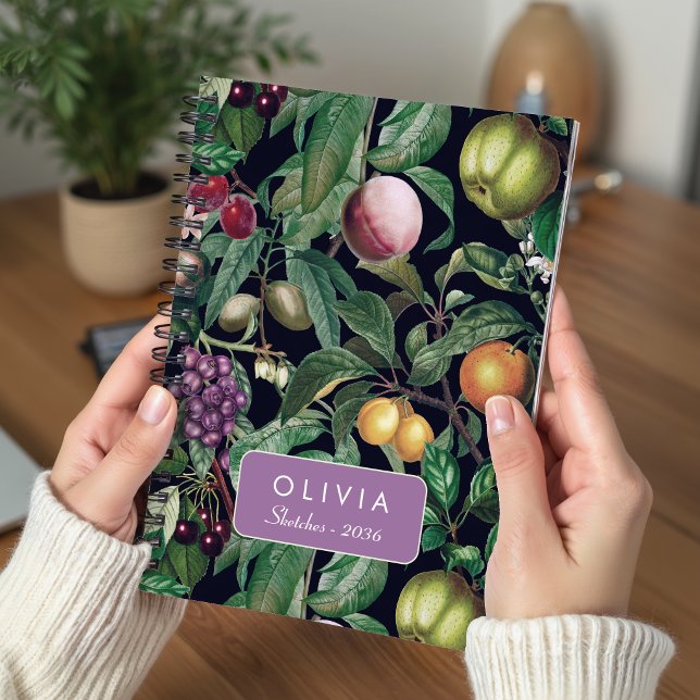 Elegant Black Tropical Fruits Monogram Pattern Notebook (Creator Uploaded)