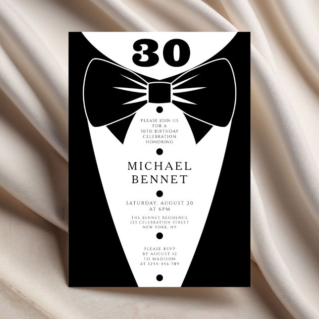 Elegant Black Tuxedo 30th Birthday Invitation (Elegant Black Tuxedo 30th Birthday.)