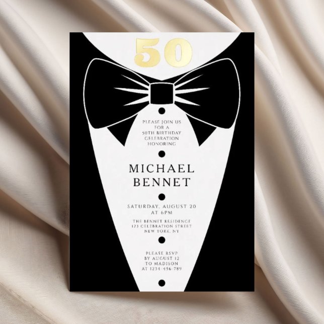 Elegant Black Tuxedo 50th Birthday Gold (Elegant Black Tuxedo 50th Birthday Gold Foil Invitation)