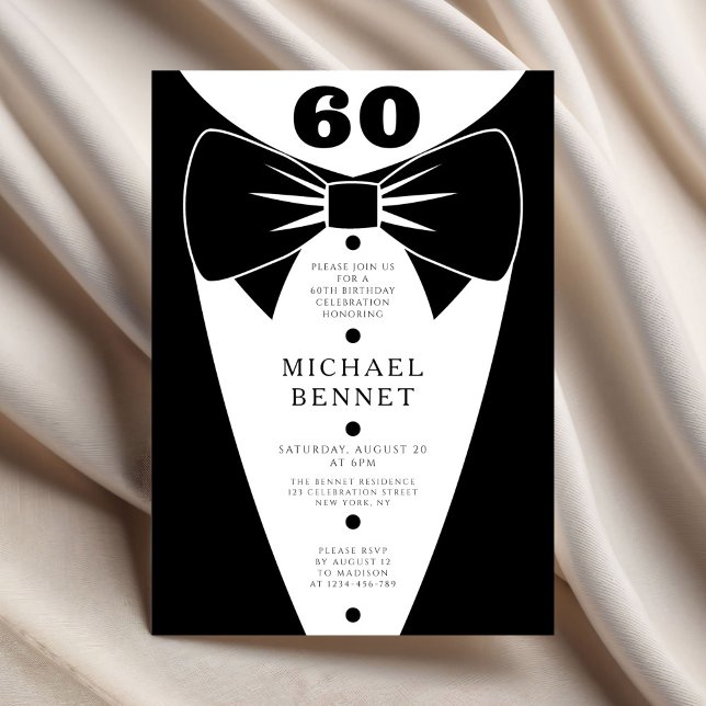 Elegant Black Tuxedo 60th Birthday Invitation (Elegant Black Tuxedo 60th Birthday Invitation)