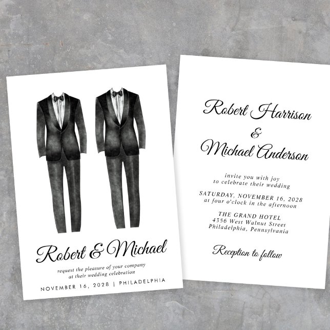 Elegant Black Tuxedo Watercolors Gay Wedding Invitation (Creator Uploaded)