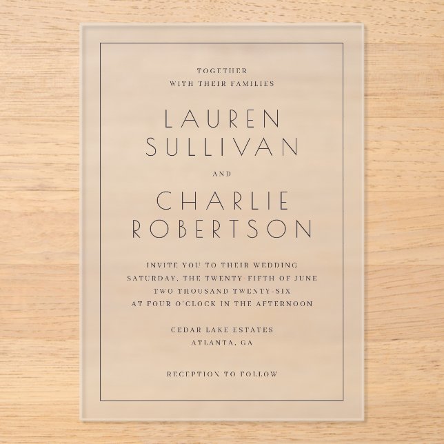 Elegant Black Typographic Wedding Acrylic Invitations (Front)