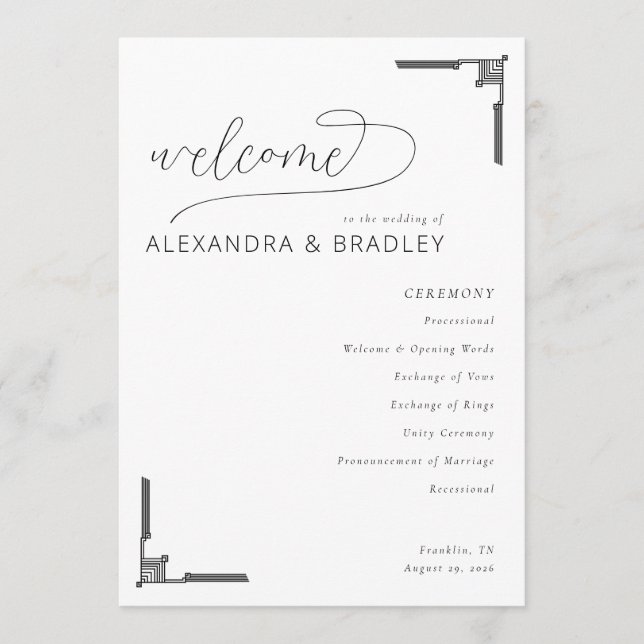 Elegant Black Typographic Wedding Ceremony Schedul Program (Front)