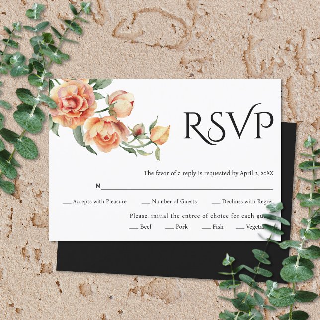 Elegant black typography and peach peonies wedding RSVP card (Creator Uploaded)