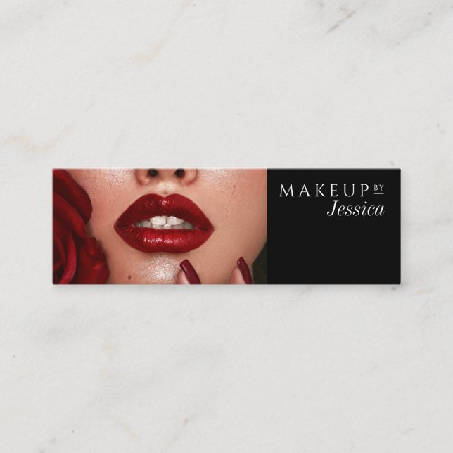 Elegant Black Typography Photo Makeup Mini Business Card (Front)