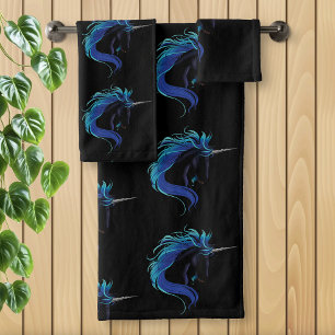 Elegant Black Unicorn Blue Silver Magical Fantasy Bath Towel Set