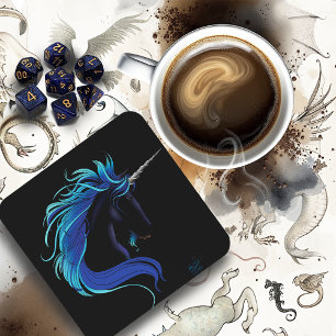 Elegant Black Unicorn Blue Silver Magical Fantasy Coaster