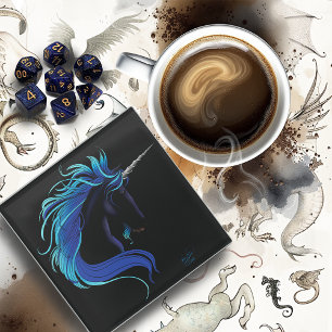 Elegant Black Unicorn Blue Silver Magical Fantasy Glass Coaster