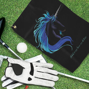 Elegant Black Unicorn Blue Silver Magical Fantasy Golf Towel