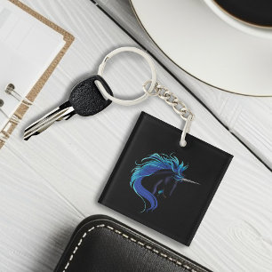 Elegant Black Unicorn Blue Silver Magical Fantasy Key Ring