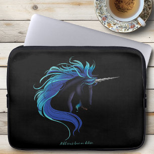 Elegant Black Unicorn Blue Silver Magical Fantasy Laptop Sleeve