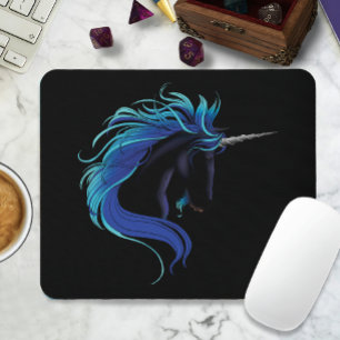 Elegant Black Unicorn Blue Silver Magical Fantasy Mouse Pad