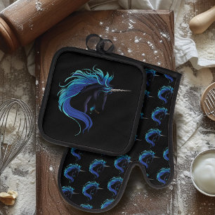 Elegant Black Unicorn Blue Silver Magical Fantasy Oven Mitt & Pot Holder Set