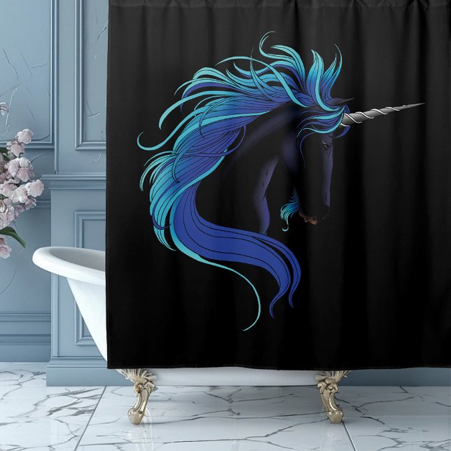 Elegant Black Unicorn Blue Silver Magical Fantasy Shower Curtain (Creator Uploaded)