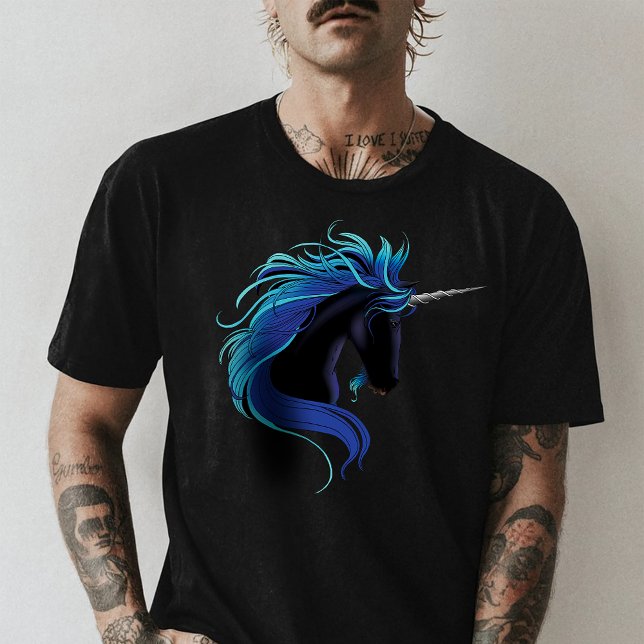 Elegant Black Unicorn Blue Silver Magical Fantasy T-Shirt (Creator Uploaded)