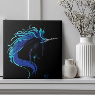 Elegant Black Unicorn Blue Silver Magical Fantasy Tile