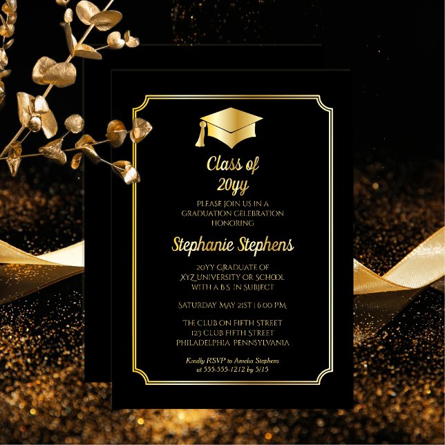 Elegant Black University Graduation Party Gold  (Elegant Black College or University Graduation Party Gold Foil Invitation)