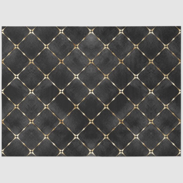 Elegant Black Velvet Faux Gold Plaid Luxury Tissue Paper (Front)