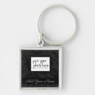 Elegant Black Velvet Style Floral Photo & Text Key Ring