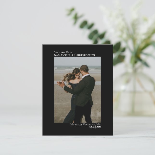 Elegant Black Vertical Photo Minimalist Wedding Save The Date (Standing Front)