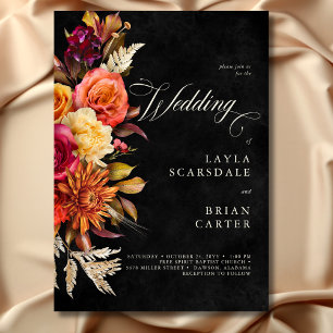 Elegant Black Vibrant Boho Floral Script Wedding Invitation