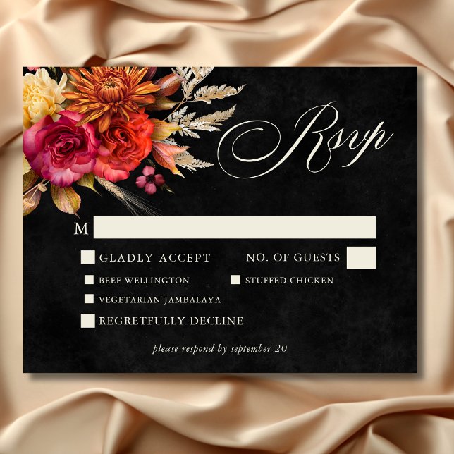 Elegant Black Vibrant Boho Floral Script Wedding RSVP Card (Elegant Black Vibrant Boho Floral Script Wedding Response Card with Dinner Choices)