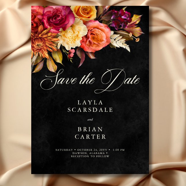 Elegant Black Vibrant Boho Floral Script Wedding Save The Date (Elegant Black Vibrant Boho Floral Script Wedding Save the Date)