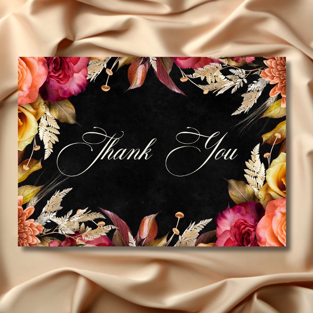 Elegant Black Vibrant Boho Floral Script Wedding Thank You Card (Elegant Black Vibrant Boho Floral Script Wedding Thank You Card)