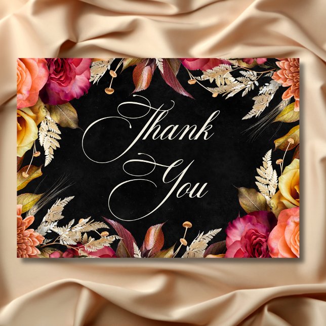 Elegant Black Vibrant Boho Floral Script Wedding Thank You Card (Elegant Black Vibrant Boho Floral Script Wedding Thank You Card)