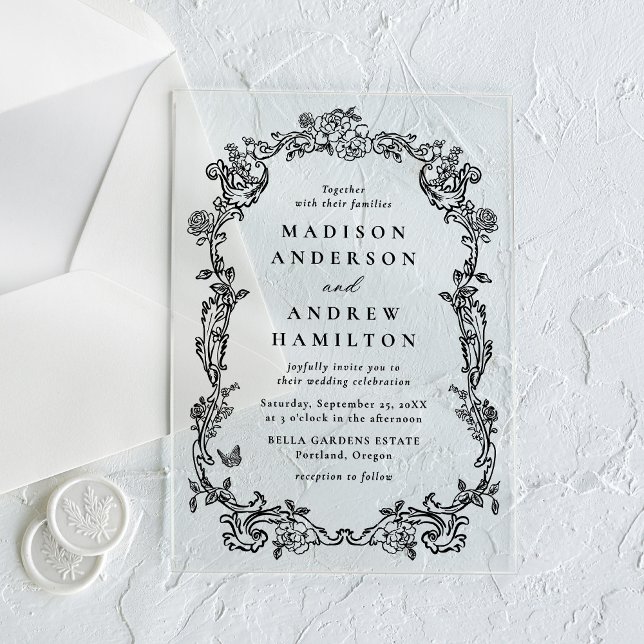 Elegant Black Victorian Floral Frame Wedding Acrylic Invitations (Creator Uploaded)