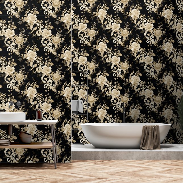Elegant Black Victorian Floral Pattern Wallpaper (Bathroom)