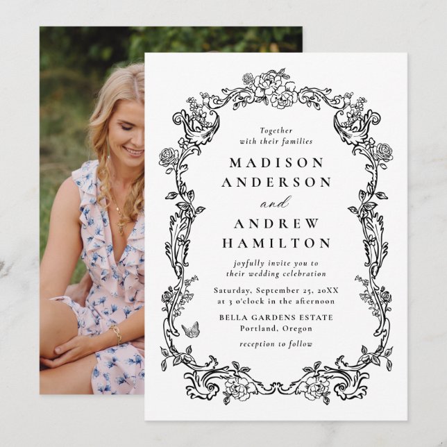 Elegant Black Victorian Floral Photo Wedding Invitation (Front/Back)