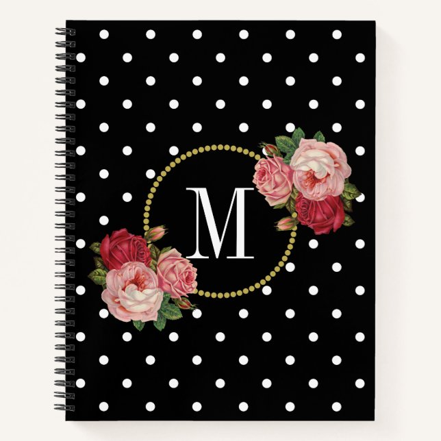 Elegant Black Vintage Blush Flowers Dots Monogram Notebook (Front)