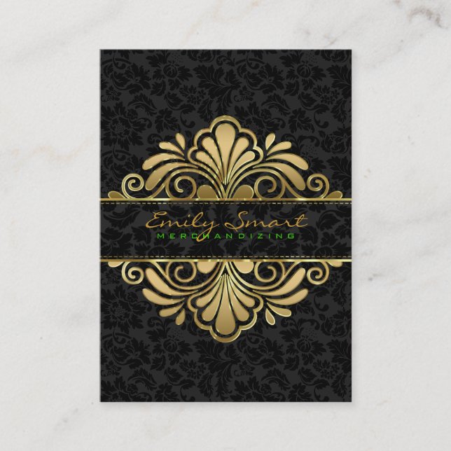 Elegant Black Vintage Damasks Gold Frame Business Card (Front)